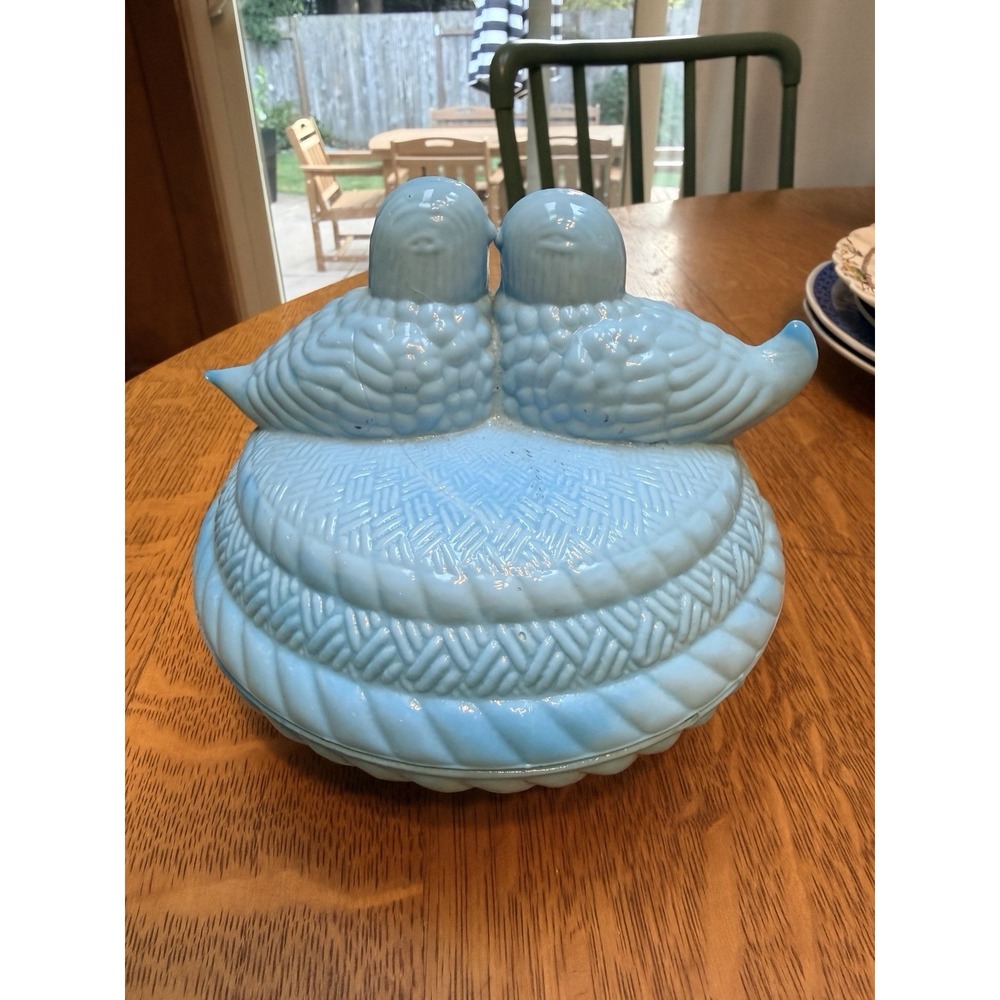 Hsinchu Blue Milk Glass Love Birds Covered Candy Dish Trinket Box Hen On Nest
